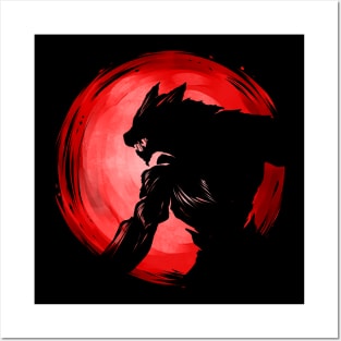 Werewolf Shadow In Front Of The Red Moon Halloween Posters and Art